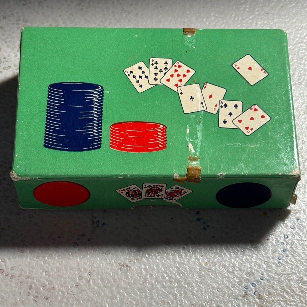 Vintage Clay Poker Chips Set Red Blue Cream Mid Century Gaming Box 1940s